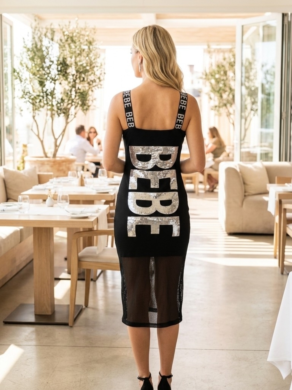 bebe Black Midi Dress with Silver Sequin BEBE Logo Back SEE PIC WITH SMALL FLAW